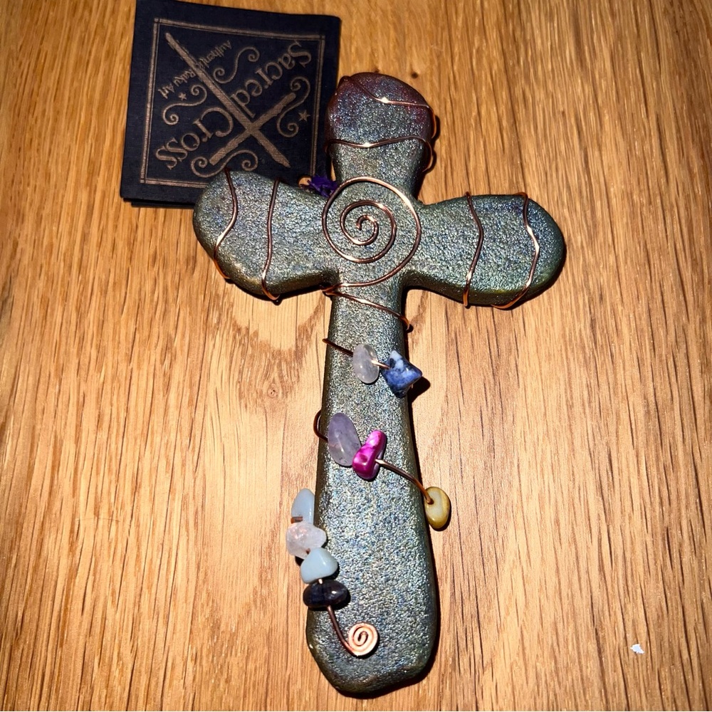 Jeremy Diller Raku Wall Cross Iridescent Copper Wrapped Heart Beads Signed